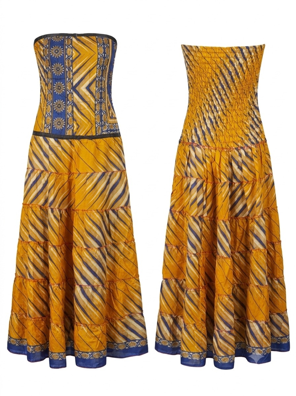 Boho Strapless Tiered Silk Maxi Dress – Yellow & Blue Pattern - Picture 3 of 3